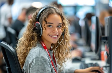 Woman Wearing Headphones Using Computer
