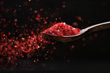 Fotobehang Hot Organic Red Pepper on a wooden spoon. Fresh and spicy red pepper with powder on a brown wooden spoon inside a studio with black background. © Noize
