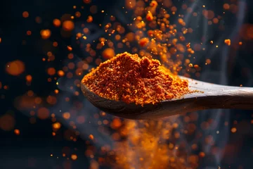 Zelfklevend Fotobehang Hot Organic Red Pepper on a wooden spoon. Fresh and spicy red pepper with powder on a brown wooden spoon inside a studio with black background. © Noize