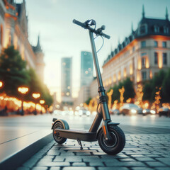 Electric push scooter in the city. Scooter on solid black background. ai generative