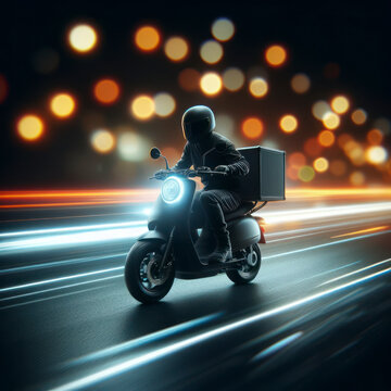 Electric delivery motorcycle on solid black background. ai generative