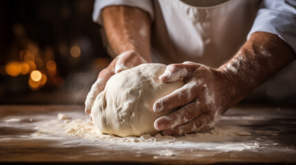 Fototapeta premium Hands of baker kneading dough isolated on black background. Bakers hands kneading dough for bread