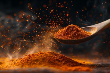 Hot Organic Red Pepper on a wooden spoon. Fresh and spicy red pepper with powder on a brown wooden spoon inside a studio with black background. - obrazy, fototapety, plakaty