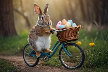 Fototapete A cute cheerful rabbit holds an egg and rides a bicycle on the occasion of Easter celebration © Lazy Dog