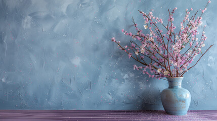 Bouquet of lilac flowers in front of blue wall, minimalistic design.. Love celebration, birthday, wedding, womens day, mothers day,.