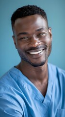 Obraz premium Compassionate Healthcare Workers Uplifting Smile Isolated on a Calm Blue Canvas