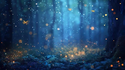 Poster Abstract and magical image of Firefly flying in the night forest. Fairy tale concept. © Damerfie