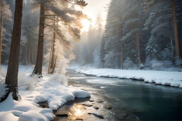 Beautiful Winter Forest with a River Flowing throug it