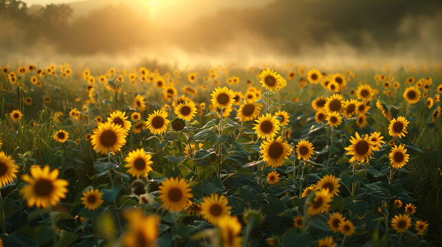 Sunflowers, Beautiful sunset over sunflower field, Beautiful sunset over big golden sunflower field in the countryside, Sunny sunflowers, Generative AI