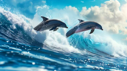 Foto op Plexiglas Bottlenose dolphins (Tursiops truncatus) leaping out of sea Jumping Bottlenosed Dolphins Common Dolphins leaping, Generative Ai © shehzad