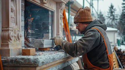 A mason using advanced tools and equipment to efficiently cut and shape stone for a custom-designed fireplace — new technologies, various layouts of a smart home, professionalism a