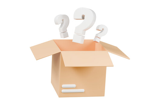 3d Mystery box, Delivery box or Cardboard box with question mark FAQ icon symbol on isolated orange background. Ecommerce online shopping delivery concept. Minimal Cartoon design icon. 3d rendering.
