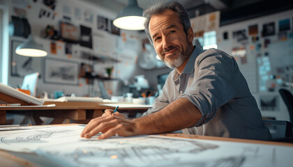 Fototapeta premium Portrait of architecture employee carefully drawing the new house plan architect designs from comfort of their home office. Architecture, hard work and art people concept image