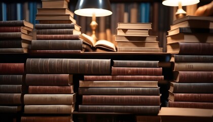 A lot of books sample, a lamp in the background background, view from a side