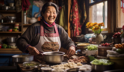 Small Nepalese village local woman portrait. She cooking traditional dish and cheerfully smiling....