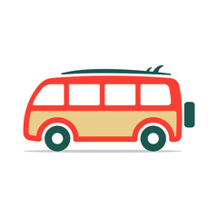 Minivan and surfboard icon. Camper, minibus. Colored silhouette. Side view. Vector simple flat graphic illustration. Isolated object on a white background. Isolate.