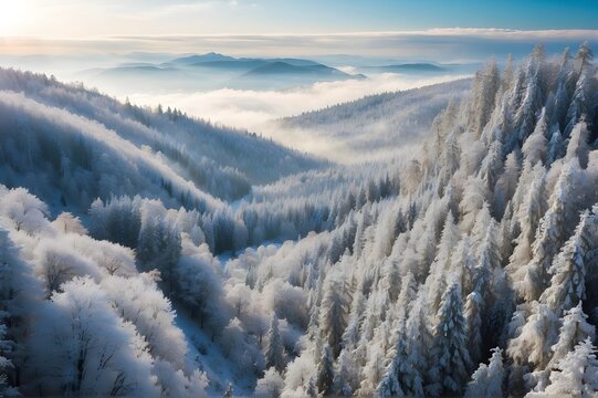 Photo of a Beautiful Frozen Forest During Winter with Mountains in the Background