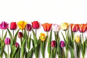 row of colorful tulip flowers, on an isolated white background. generative ai