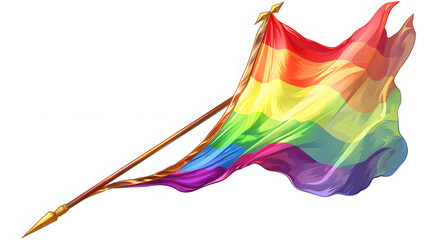 clipart, LGBTQ  rainbow flag on a stick blowing in the wind, white background