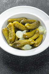 gherkin pickled cucumber fresh food tasty eating cooking appetizer meal food snack on the table copy space food background rustic top view