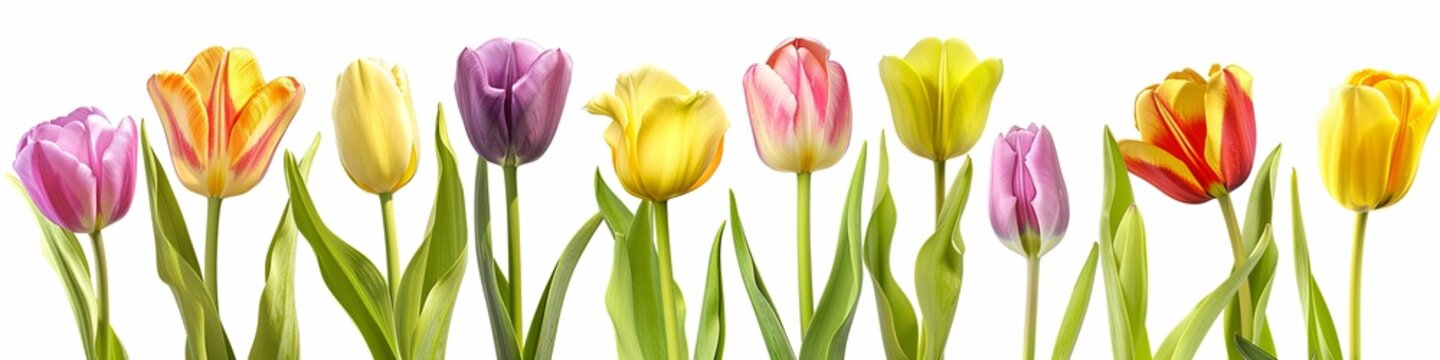 row of colorful tulip flowers, on an isolated white background. generative ai