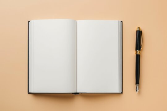 Mockup of an open classic hardcover notebook with a fountain pen on orange peach background