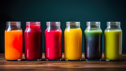 A colorful assortment of juices in a display case