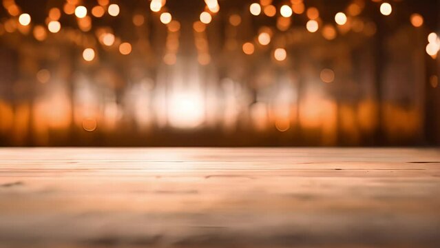 Empty wood table background with bokeh lights on the background, Perspective wood over blur soft particle lights with bokeh light background, Table for product display, Empty wooden counter in blur 4k