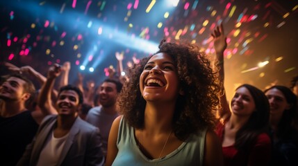 woman feeling joyful  being among people dancing in the nightclub - obrazy, fototapety, plakaty