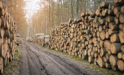 Piles of cut down trees, selective focus. An example of legal deforestation, the impact of exploitative state forest policy in Poland. - 756713272