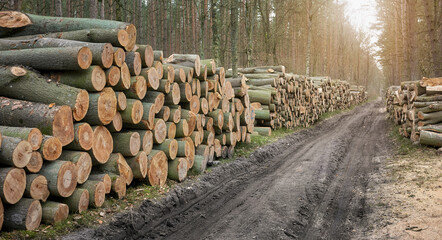 Piles of cut down trees, selective focus. An example of legal deforestation, the impact of exploitative state forest policy in Poland. - 756713282