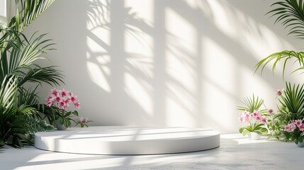 white studio room with palm trees , flowers background minimalism