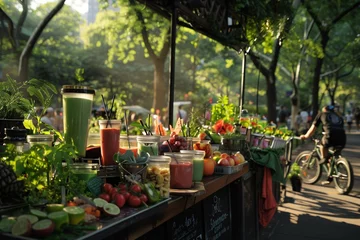 Fototapeten Eco-Conscious Street Food Oasis: Refreshing Smoothies and Snacks by Bicycle Vendors on Earth Day – This image showcases bicycle vendors serving refreshing, healthy smoothies and snacks in a lush, © Dilawar Meharban
