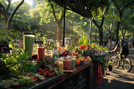 Eco-Conscious Street Food Oasis: Refreshing Smoothies and Snacks by Bicycle Vendors on Earth Day – This image showcases bicycle vendors serving refreshing, healthy smoothies and snacks in a lush,