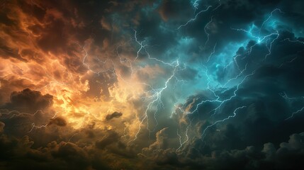 Dark of stormy sky with multiple cloud to ground lightning strikes.