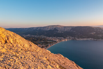 Scenic sunrise view of majestic coastline of Mediterranean Adriatic Sea near coastal town Baska,...