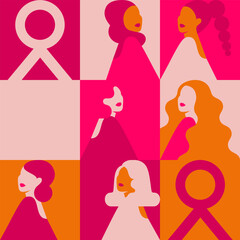 Breast Cancer Seamless pattern with silhouettes of women in pink and gold colors with pink ribbons. Endless background with different female persons in squares in simple style.Flat vector illustration - 756714097