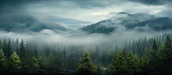 A misty forest with rolling mountains in the background, creating a serene natural landscape. Clouds hang low in the sky, adding a mystical touch to the scene