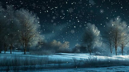 night scene with a snowy field and trees with stars in the sky