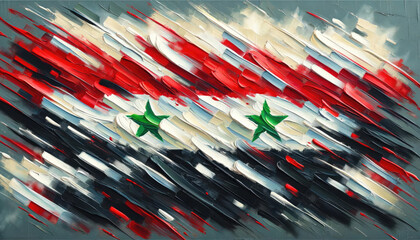 Artistic rendition of the Syrian flag with dynamic brush strokes in an abstract style.
