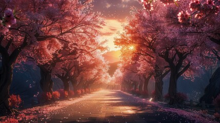 A Painting of a Tree Lined Road at Sunset