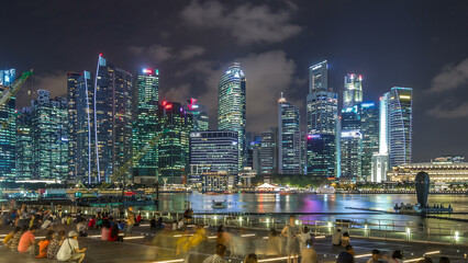 Light and Water Show along promenade in front of Marina Bay Sands timelapse hyperlapse.