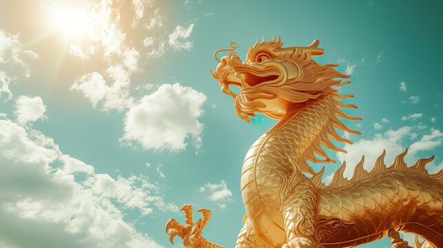 A wooden dragon statue shining in the sun, a symbol of the Chinese New Year sky background