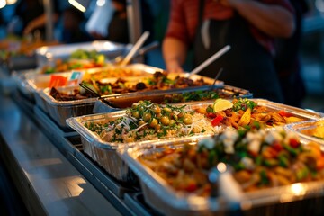 Eco-Friendly Street Food Fiesta: Biodegradable Packaging and Locally Sourced Ingredients – This image focuses on the environmentally conscious aspect of street food, with vendors serving delicious, - obrazy, fototapety, plakaty