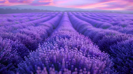 Zelfklevend Fotobehang Stunning landscape with lavender field at sunset, Rich lavender field in Provence with a lone tree, Stunning lavender field landscape Summer sunset with single tree, Generative AI © HayyanGFX