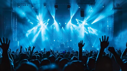 A crowded concert hall with scene stage lights , rock show performance, with people silhouette, on...