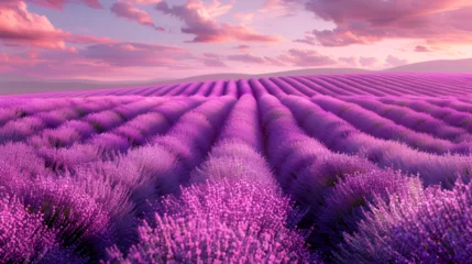 Wandcirkels aluminium Stunning landscape with lavender field at sunset, Rich lavender field in Provence with a lone tree, Stunning lavender field landscape Summer sunset with single tree, Generative AI © HayyanGFX