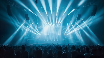 A crowded concert hall with scene stage lights , rock show performance, with people silhouette, on dance floor air during a concert festival