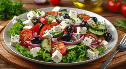Plate of Salad With Tomatoes, Cucumber, Olives, and Feta - obrazy, fototapety, plakaty