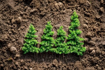 Several trees are seen sprouting and growing out of the earth, showcasing the natural process of tree growth.